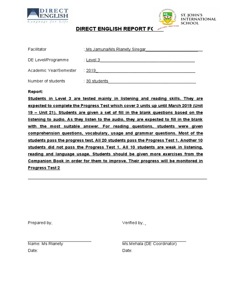 Level 3 English Progress Test Report | PDF | Social Science