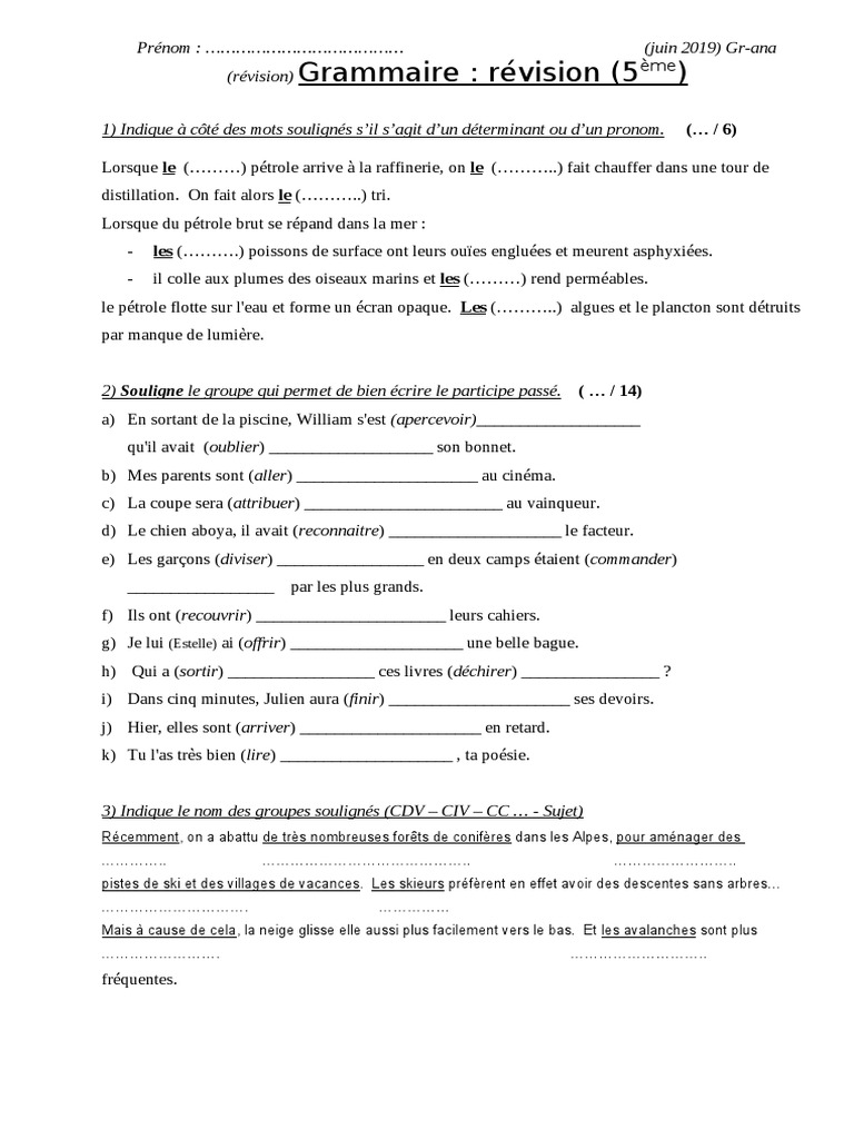 Exercice Accord Participe Passé 5eme Révisions Grammaire 5è Juin 20191 | PDF | Sujet (Grammaire) | Syntaxe