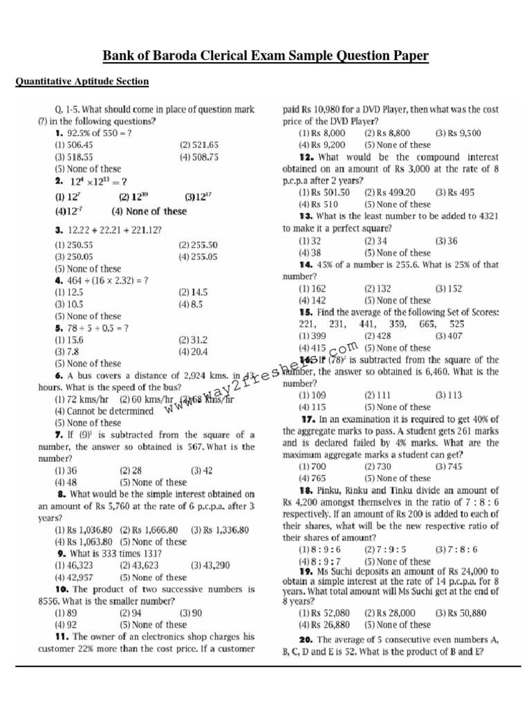 Bank of Baroda Clerical Exam Sample Question Paper: Quantitative ...