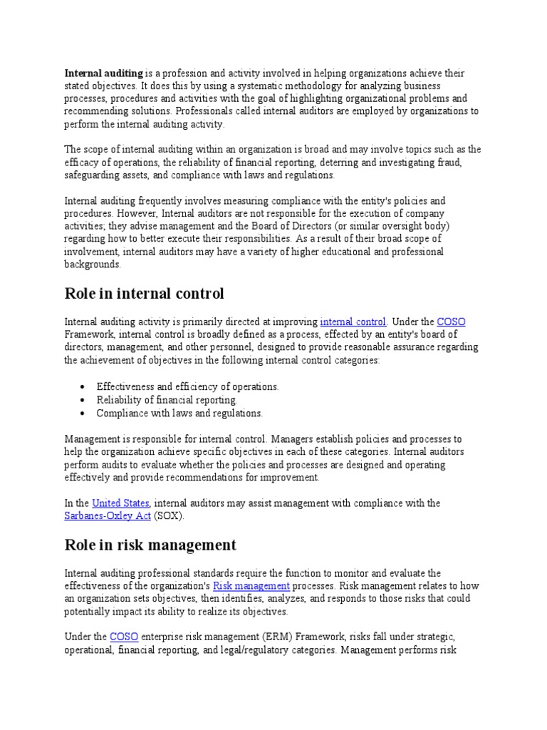 Role in Internal Control: Internal Auditing Is A Profession and ...
