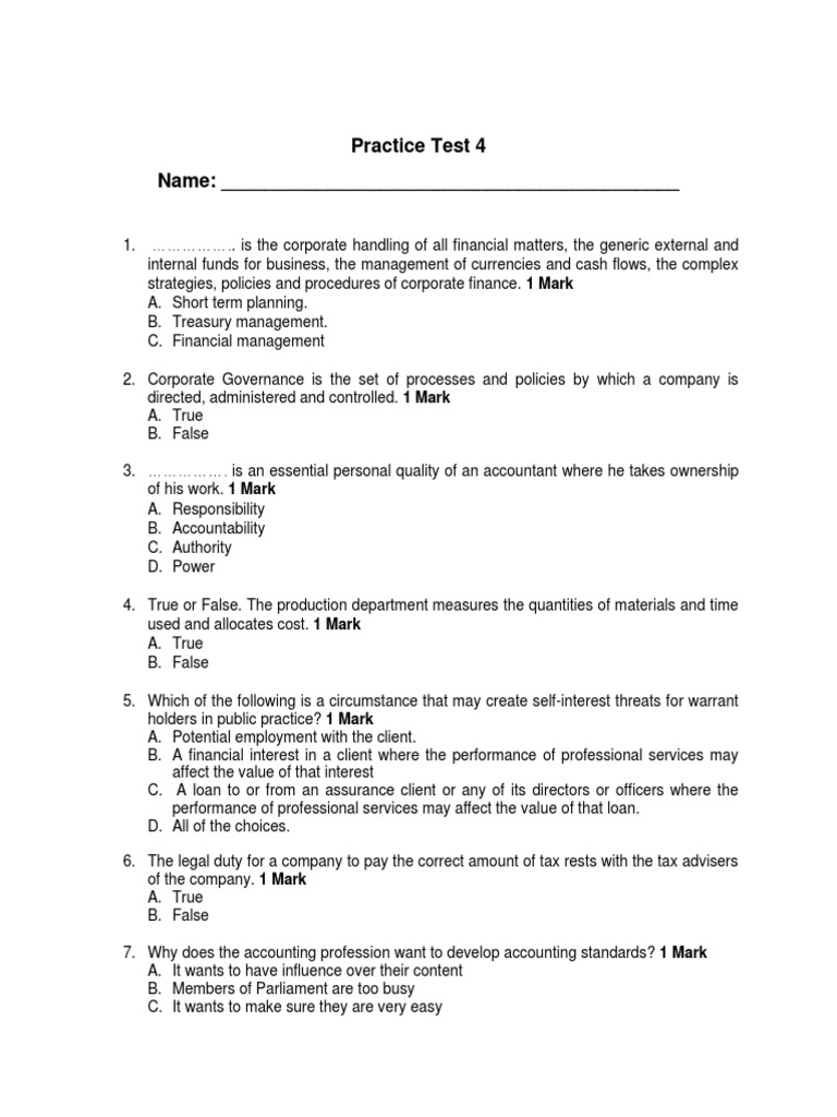 FAB Practice Test 4 | PDF | Internal Control | Corporate Governance