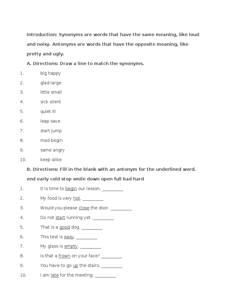 Synonyms and Antonyms - Beginner - Exercise 6 - Read Theory Workbooks