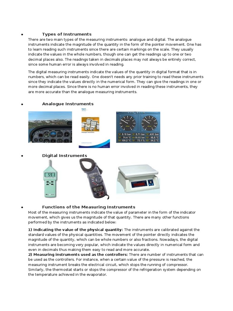 Types of Instruments 1) Indicating The Value of The Physical Quantity