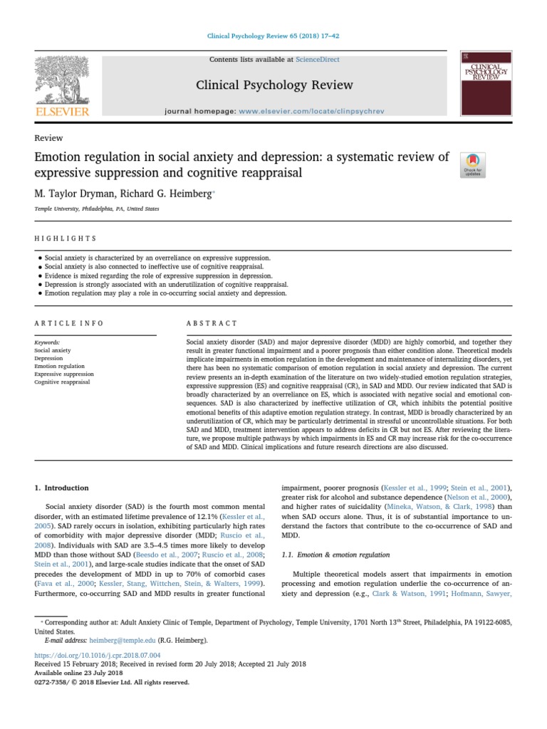 Emotion Regulation in Social Anxiety and Depression, A Systematic ...