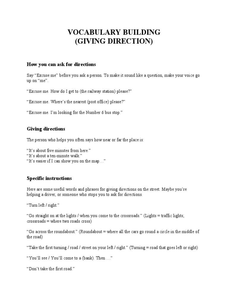 Vocabulary for Giving Directions | PDF | Intersection (Road) | Traffic