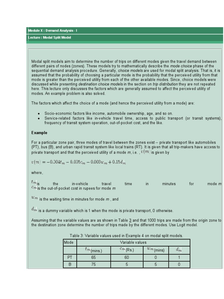 Module X: Demand Analysis - I Lecture: Modal Split Model: Example | PDF ...