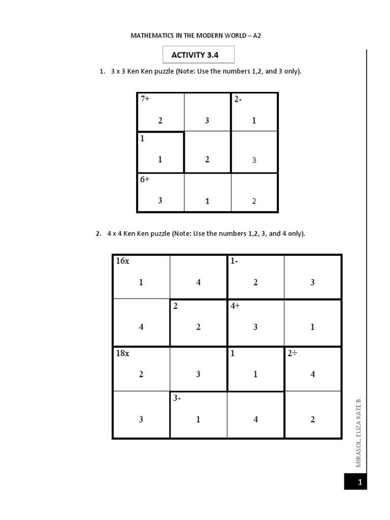 Activity 3.4: 1. 3 x 3 ken ken puzzle (note: use the numbers 1,2 ...