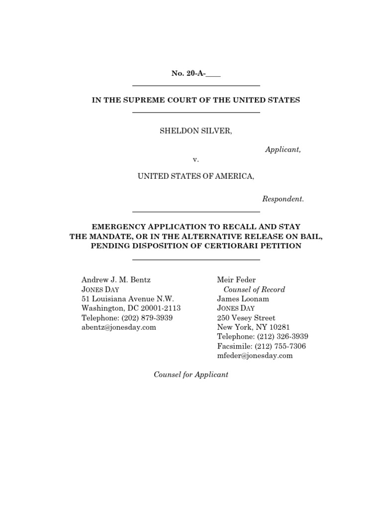 Silver v. U.S. Application To Stay The Mandate | PDF | Certiorari | Bribery