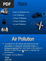 Types of Pollution Are-1.air Pollution. 2.water Pollution. 3.noise Pollution. 4.land Pollution