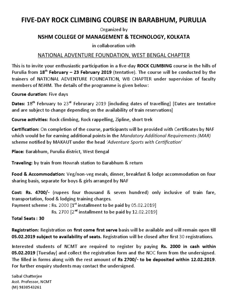 FiveDay Rock Climbing Course in Barabhum, Purulia Organized by NSHM