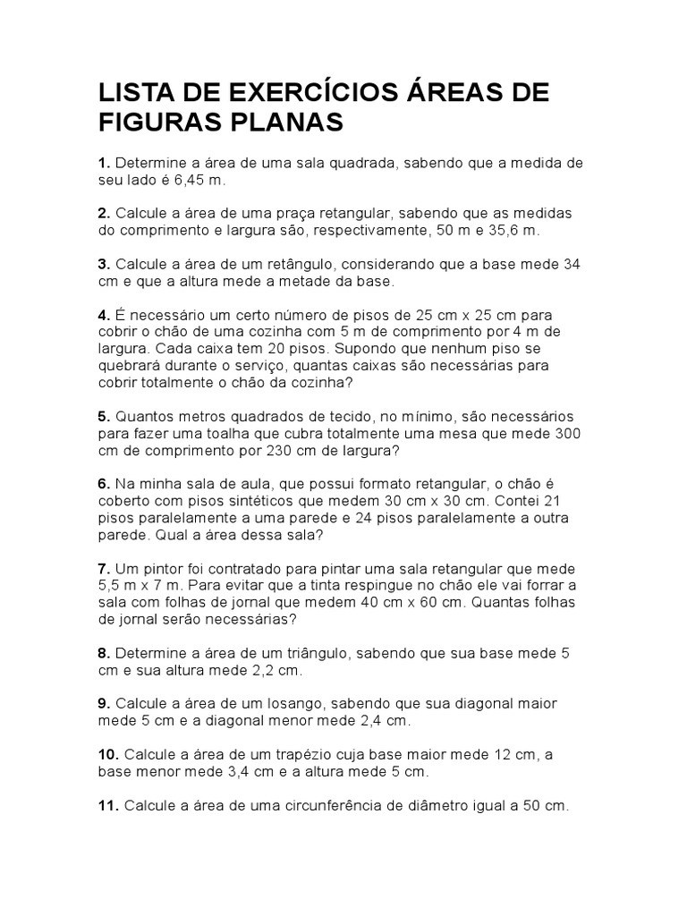 Lista de Exercícios Áreas de Figuras Planas | PDF