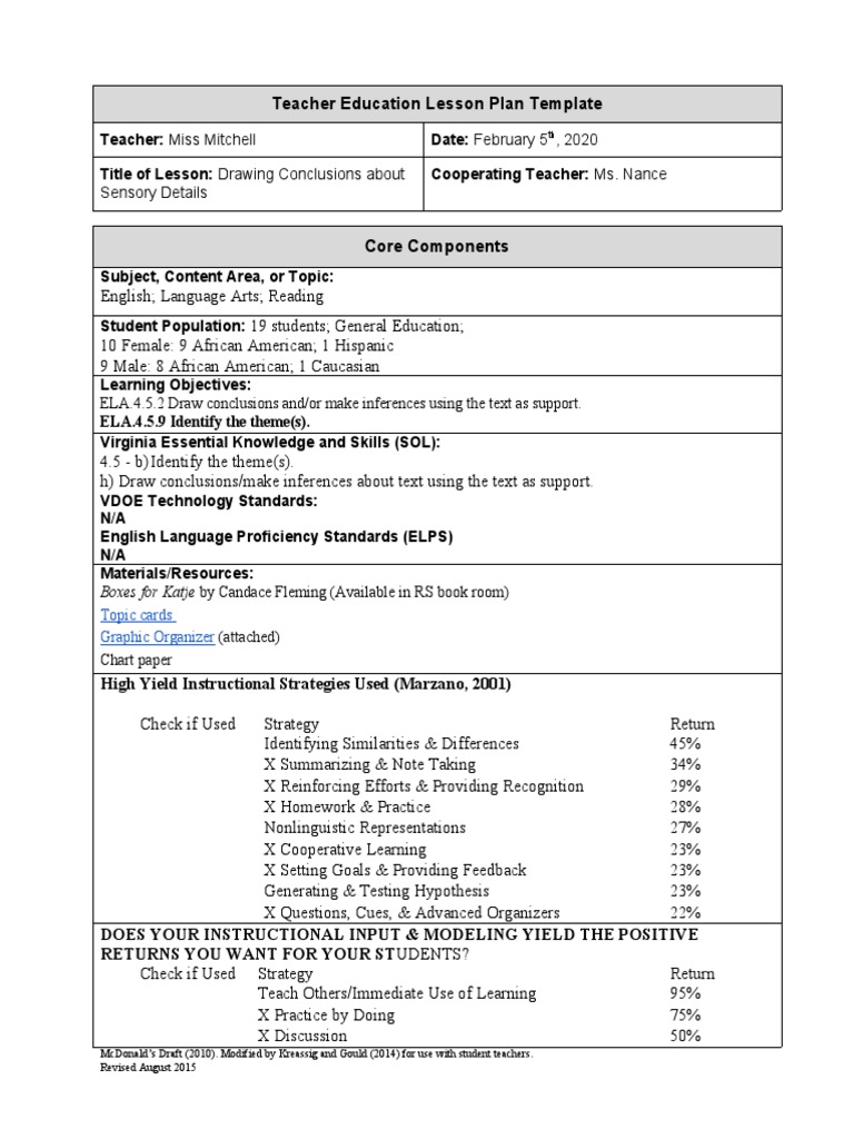 Teacher Education Lesson Plan Template Boxes For Katje by Candace