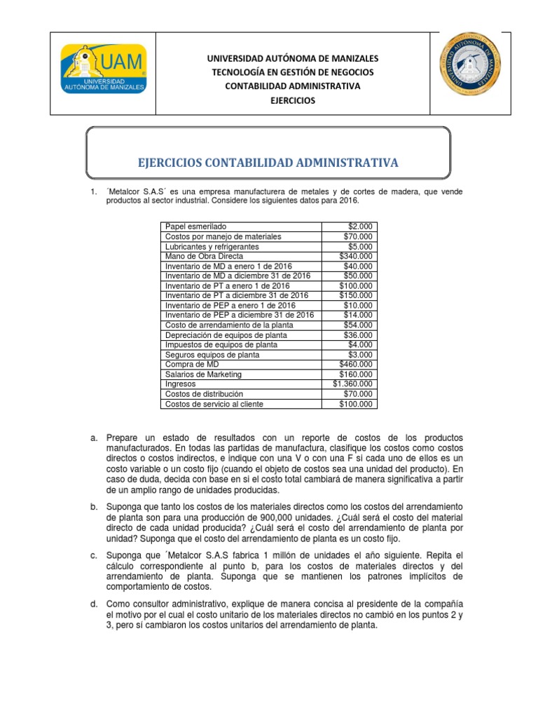 Ejercicios de Contabilidad Administrativa | PDF | Costo | Depreciación