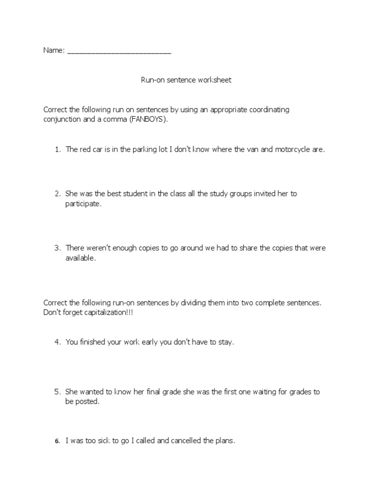 Run-On Sentence Worksheet  PDF Within Run On Sentence Worksheet