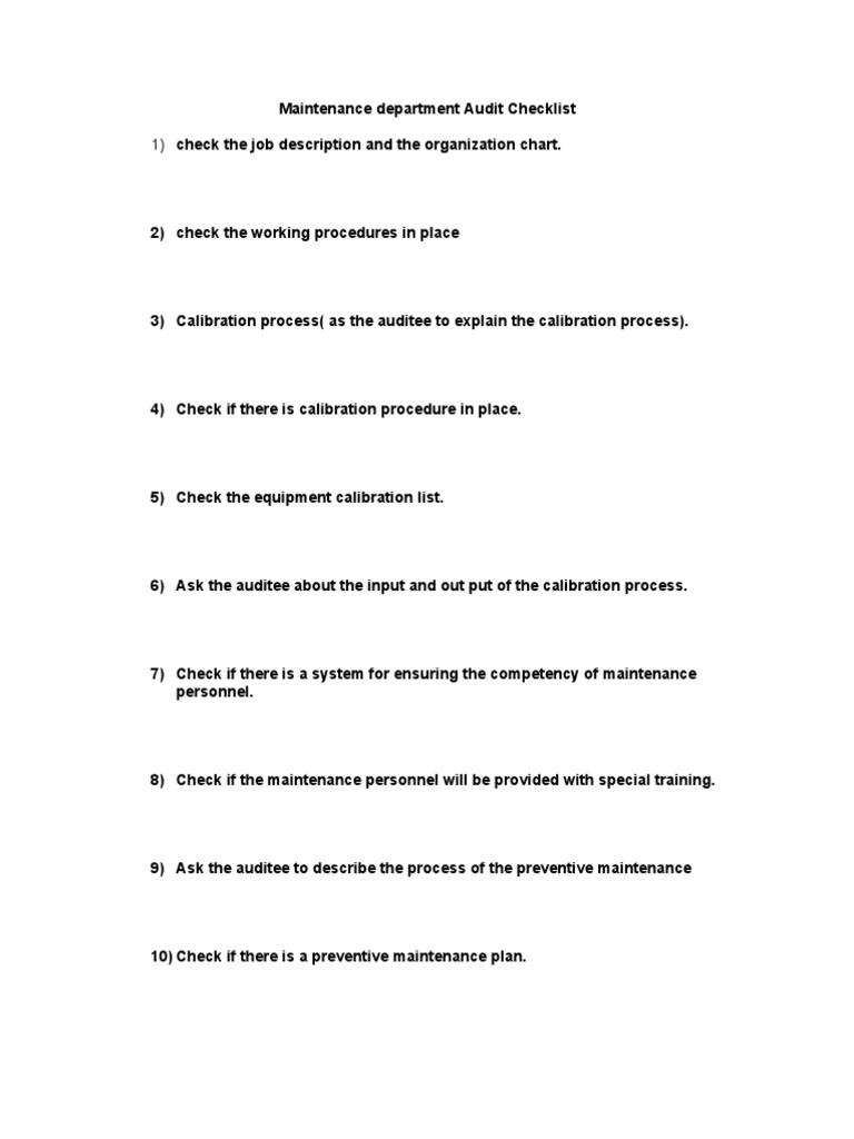 Maintenance Department Audit Checklist | PDF | Accounting And Audit ...