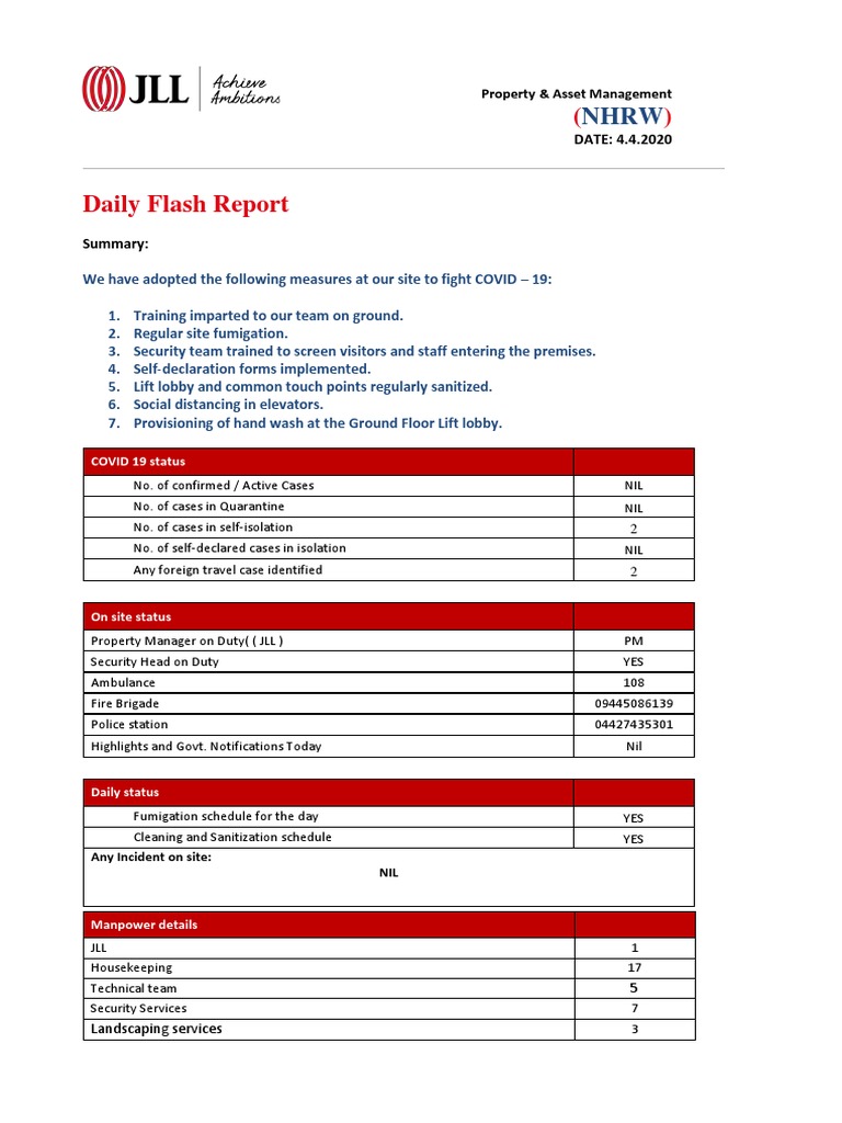 Daily Flash Report on COVID19 Prevention Measures and Status at