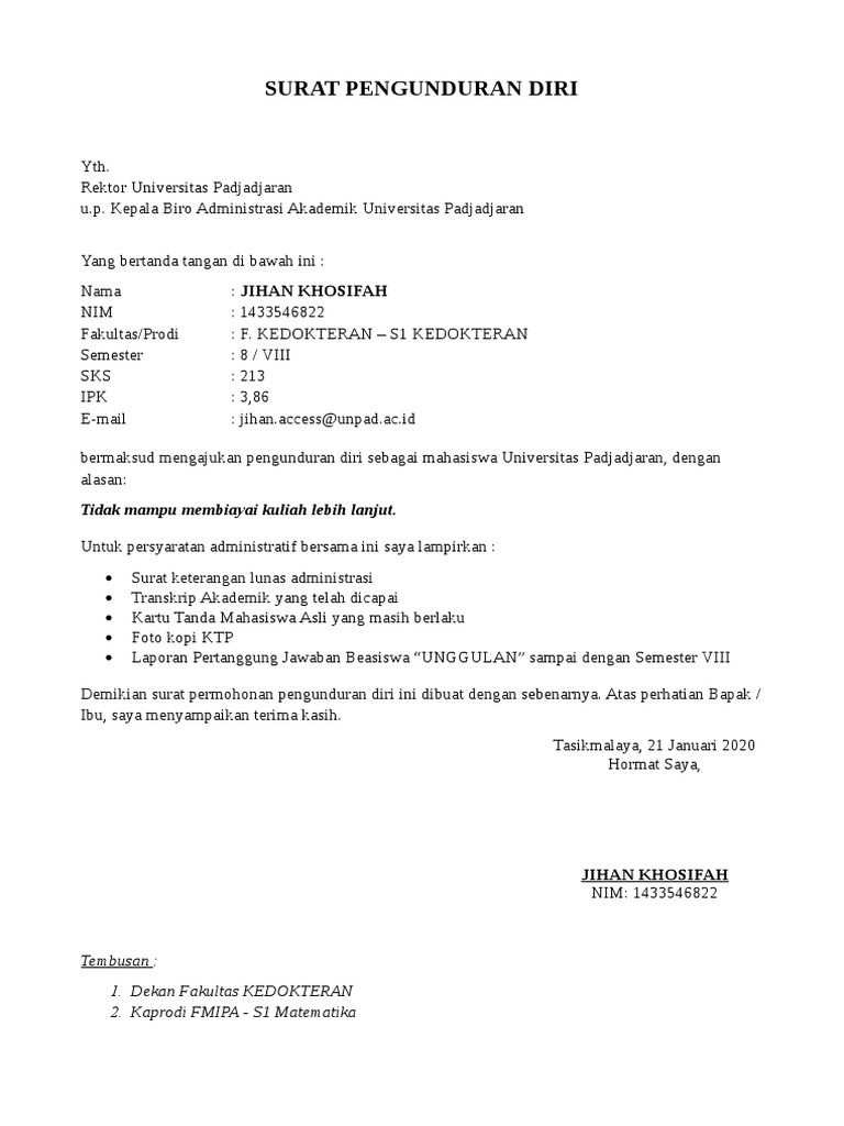 Surat Pengunduran Diri Mahasiswa A4