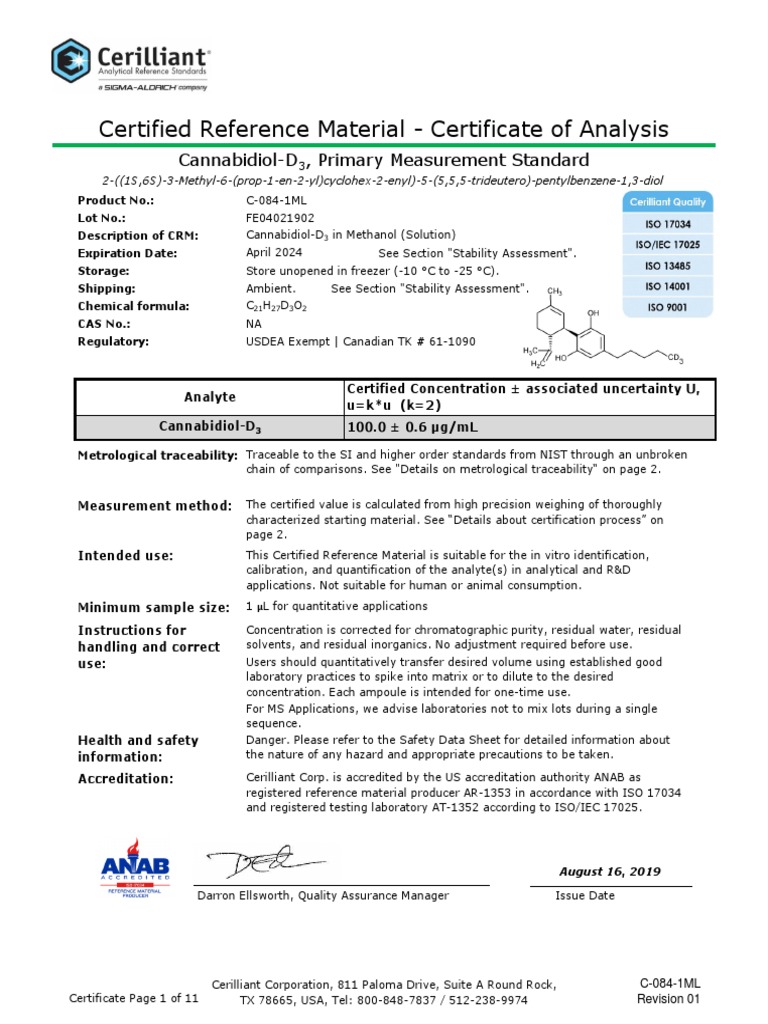 Certified Cannabidiol-D3 Reference Standard | PDF | Calibration | High ...