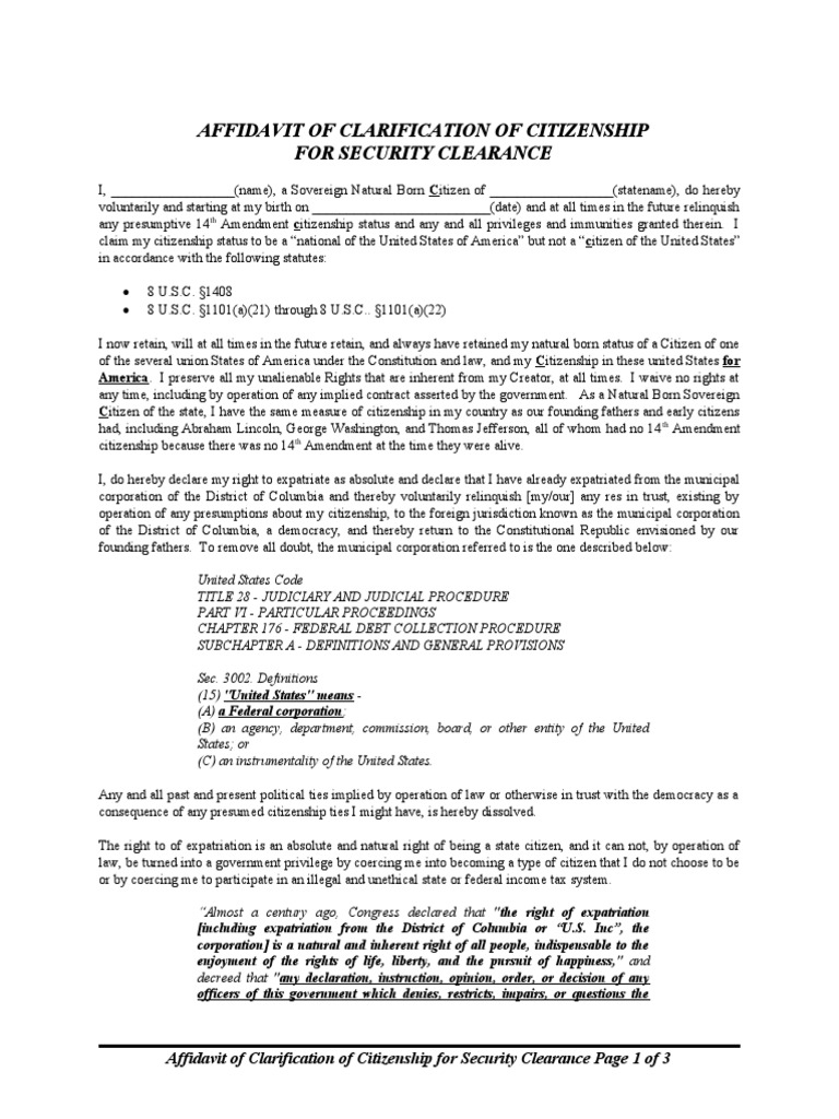 Affidavit of Clarification of Citizenship For Security Clearance PDF