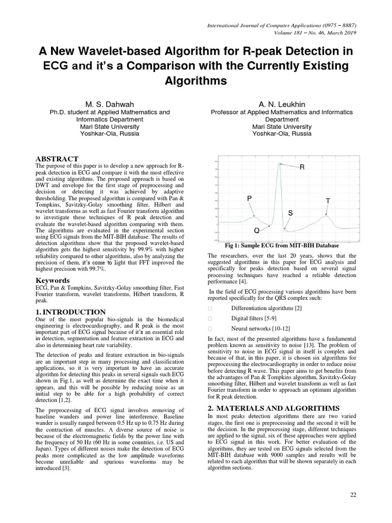 A New WaveletBased Algorithm For RPeak Detection in ECG and It's A