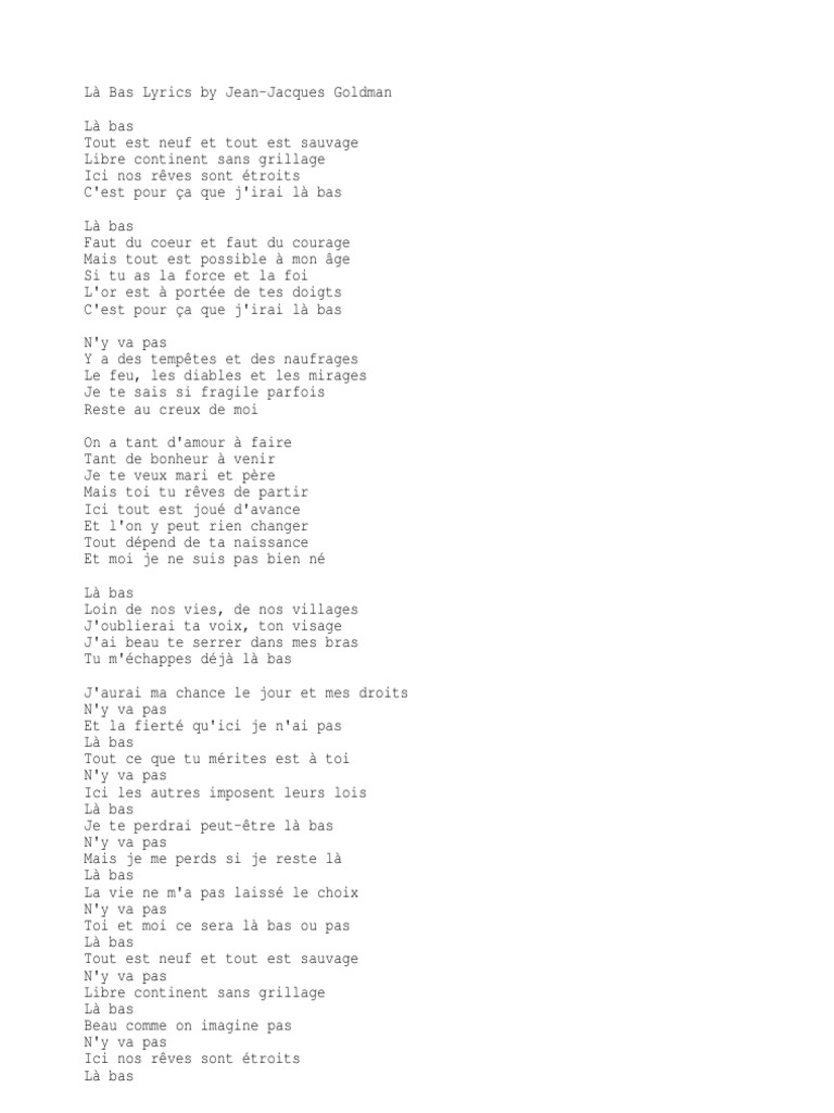 Jean Jacques Goldman Las Bas Paroles La Bas JJ Goldman | PDF