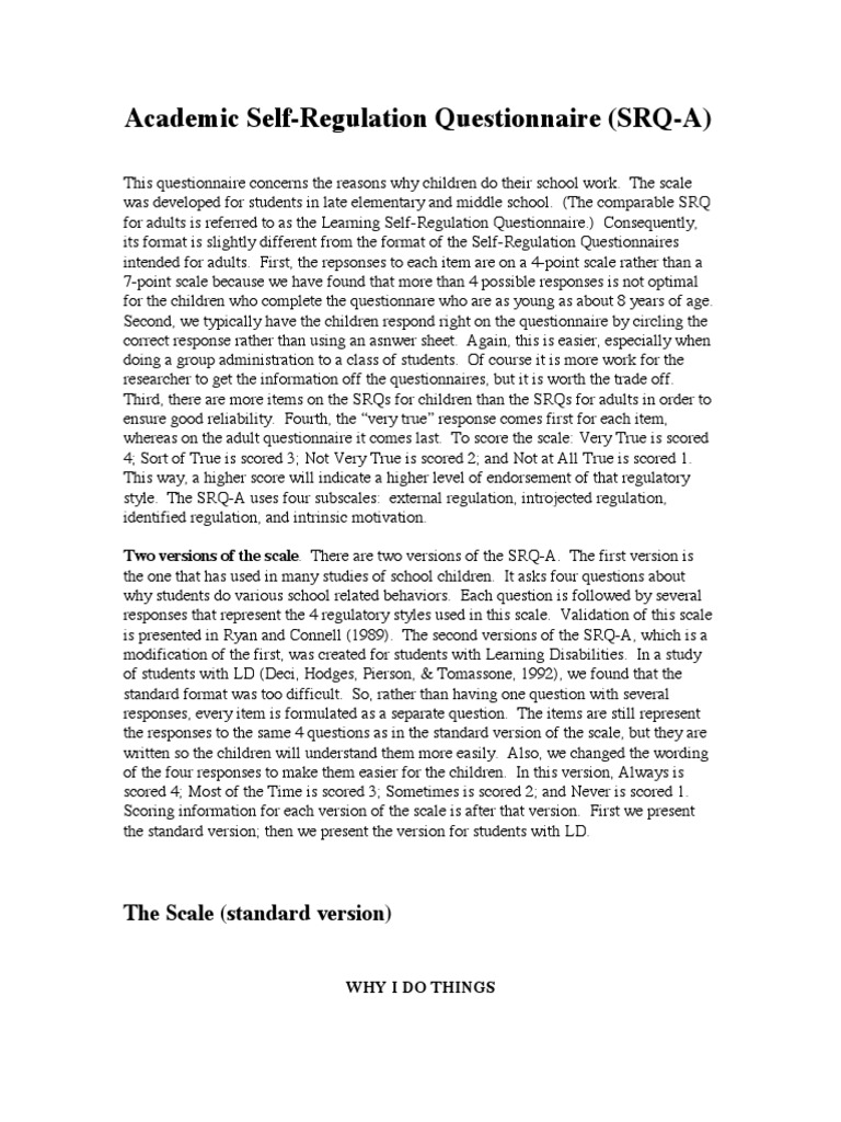 Academic Self-Regulation Questionnaire (SRQ-A) : The Scale (Standard ...