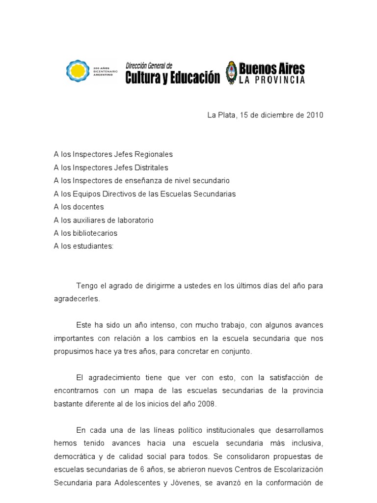 Carta de fin de año 2010 Educación Secundaria Maestros
