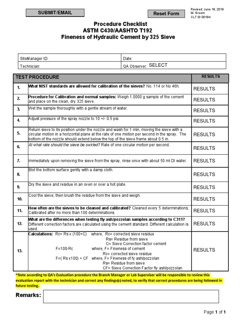 Procedure Checklist ASTM C430/AASHTO T192 Fineness of Hydraulic Cement ...