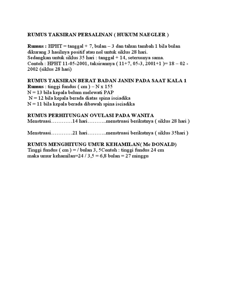 Rumus Taksiran Persalinan