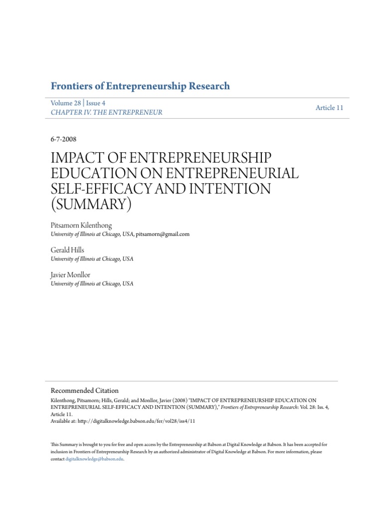 Impact of Entrepreneurship Education On Entrepreneurial Self-Efficacy ...