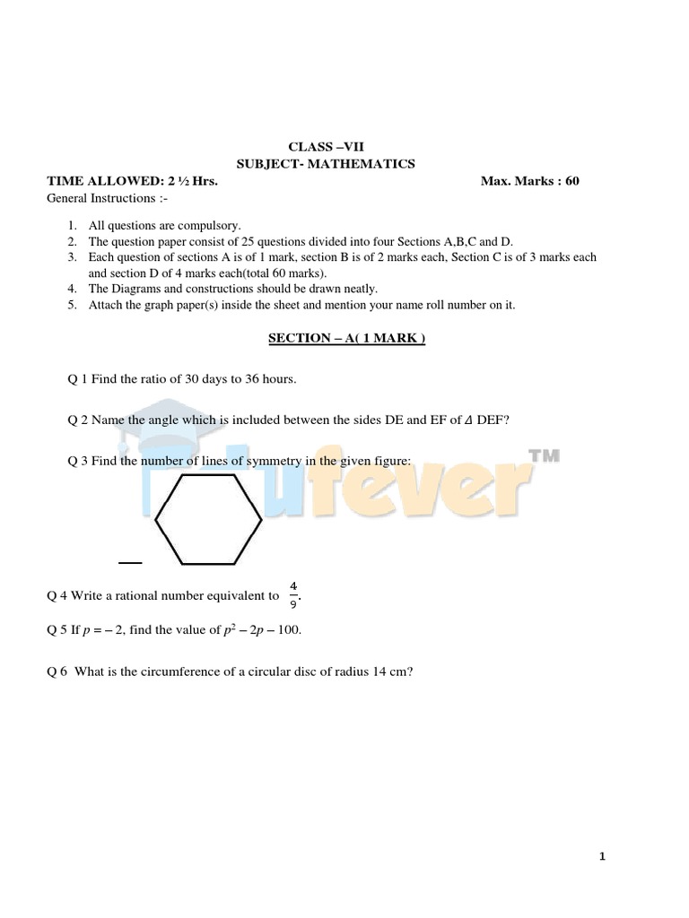 Class 7 Mathematics Exam Paper | PDF | Area | Space