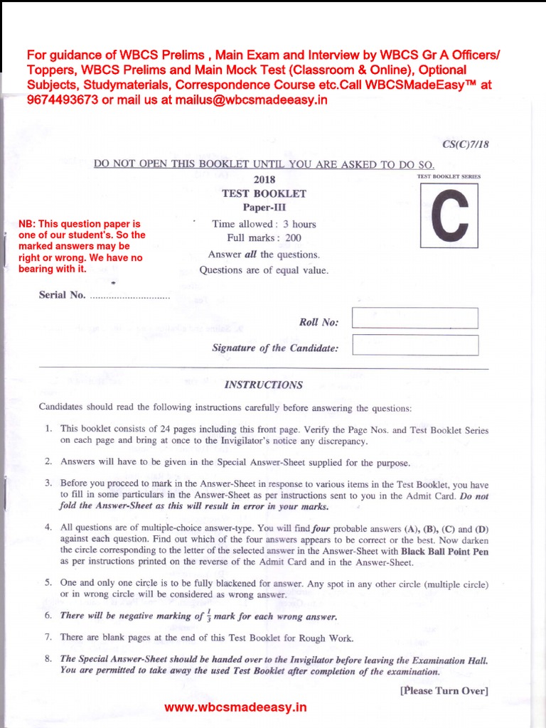 W.B.C.S. Main Examination 2018 Compulsory General Studies I Question ...