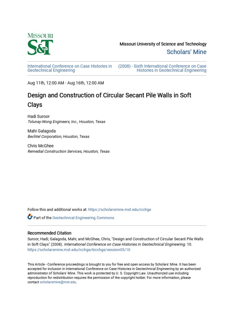 Design and Construction of Circular Secant Pile Walls in Soft Cla | PDF ...
