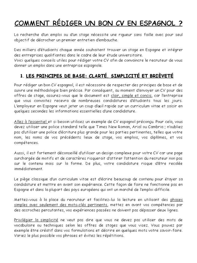 Comment Rediger Un Bon Cv En Espagnol Pdf Travail Informatique Et Technologies De L Information