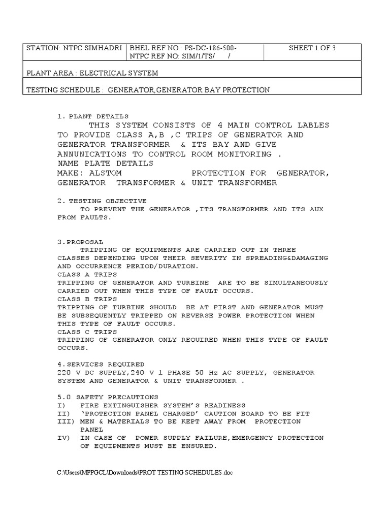 Prot Testing Schedules PDF Electric Generator Power Supply