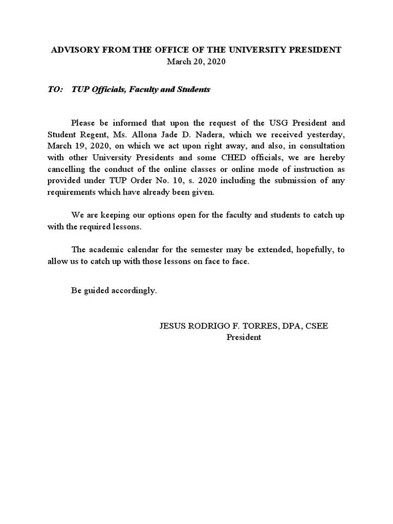 TO: TUP Officials, Faculty and Students: Advisory From The Office of ...
