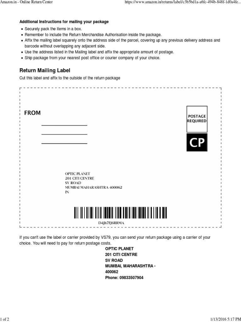 Instructions for Returning an Item to Optic Using the Provided