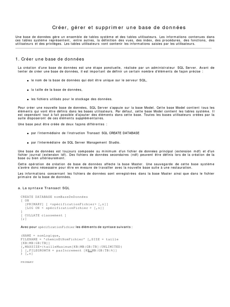 Création et gestion de bases SQL | PDF | Microsoft SQL Server | Bases ...