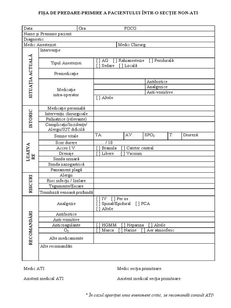 FISA de PREDARE-PRIMIRE A PACIENTULUI ÎNTR-O SECȚIE NON-ATI | PDF
