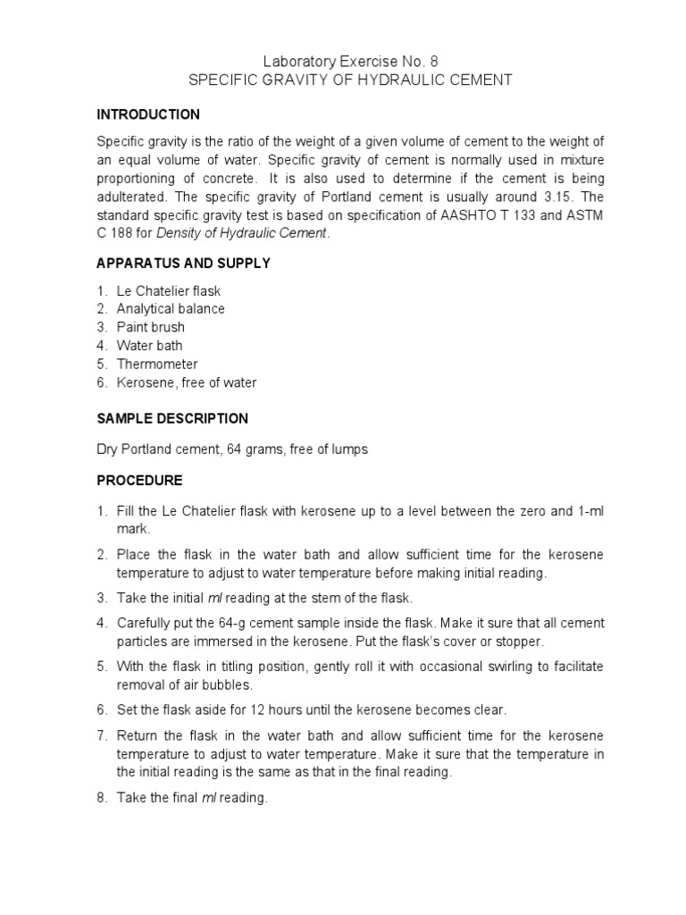 Specific Gravity of Hydraulic Cement Lab | PDF | Quantity | Physical ...