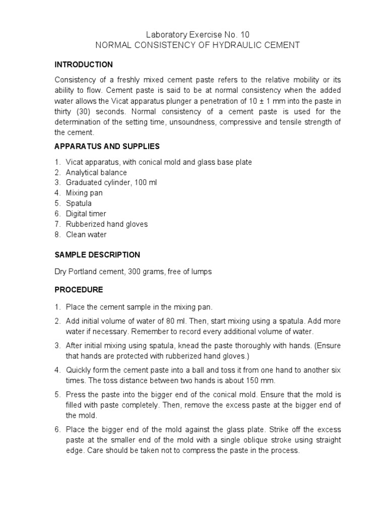 LabEx No. 10 Consistency of Hydraulic Cement Using Vicat Apparatus PDF Cement Materials