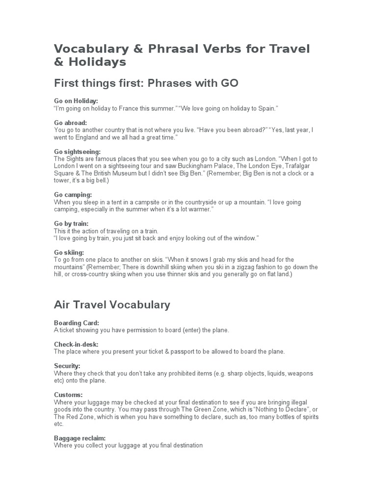 Vocabualry and Phrasal Verbs Having To Do With Travel Download Free