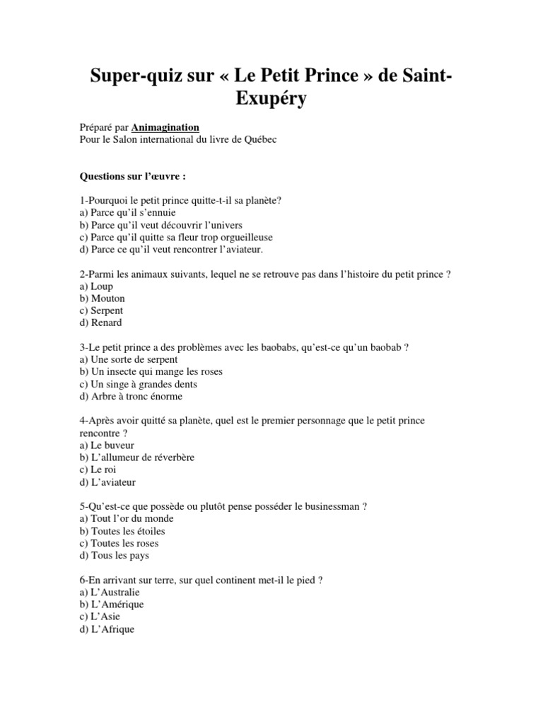 Le Petit Prince Questions Et Reponses