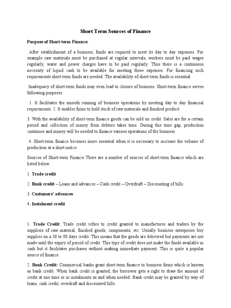 Short-Term Sources of Finance Explained | PDF | Credit | Finance ...