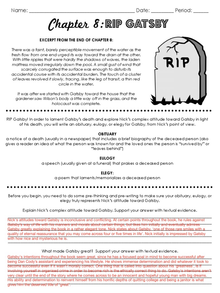 Gatsby Chapter 8 Obituary Eulogy Elegy Student | PDF | The Great Gatsby