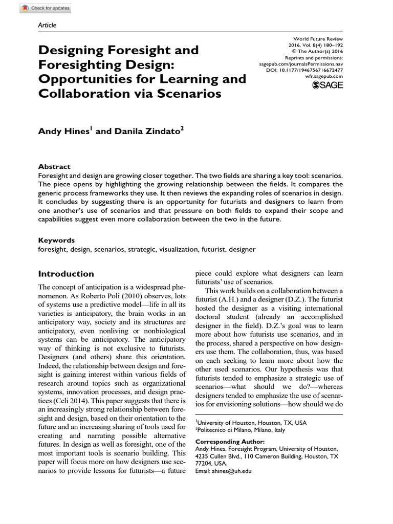 Designing Foresight And Foresighting Design Opportunities For Learning