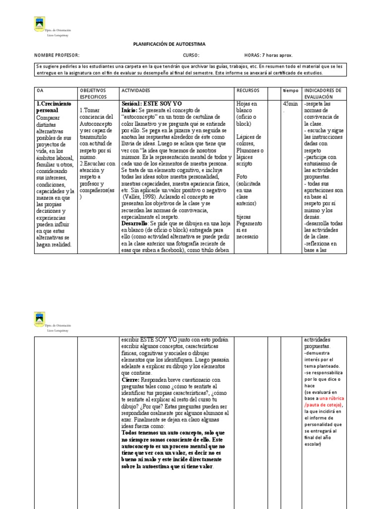 Plan de Clase: Fortalecimiento de Autoestima | PDF | Las emociones ...