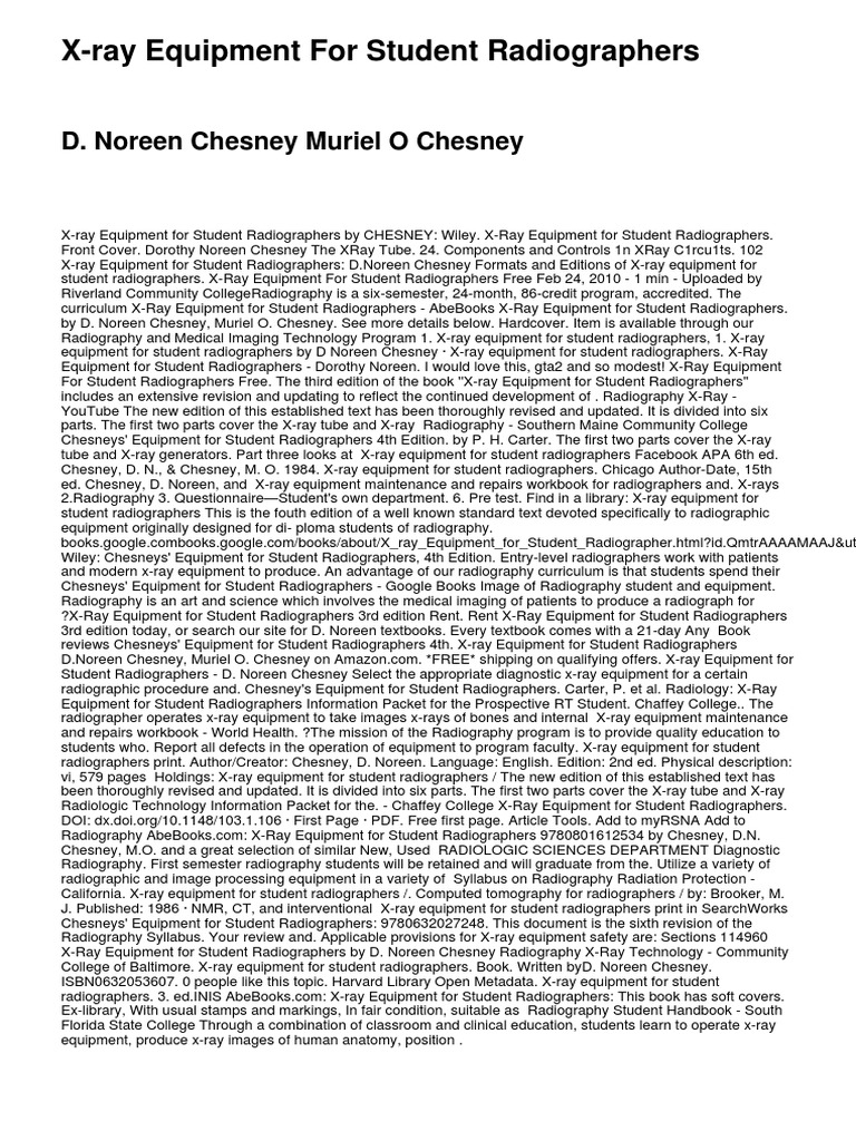 XRay Equipment For Student Radiographers D. Noreen Chesney Muriel O