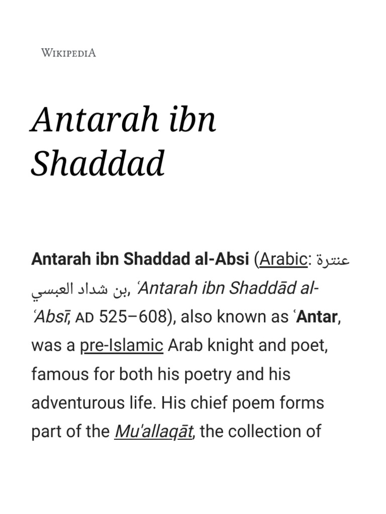 Antarah Ibn Shaddad - Wikipedia | PDF | Arabs | Poetry