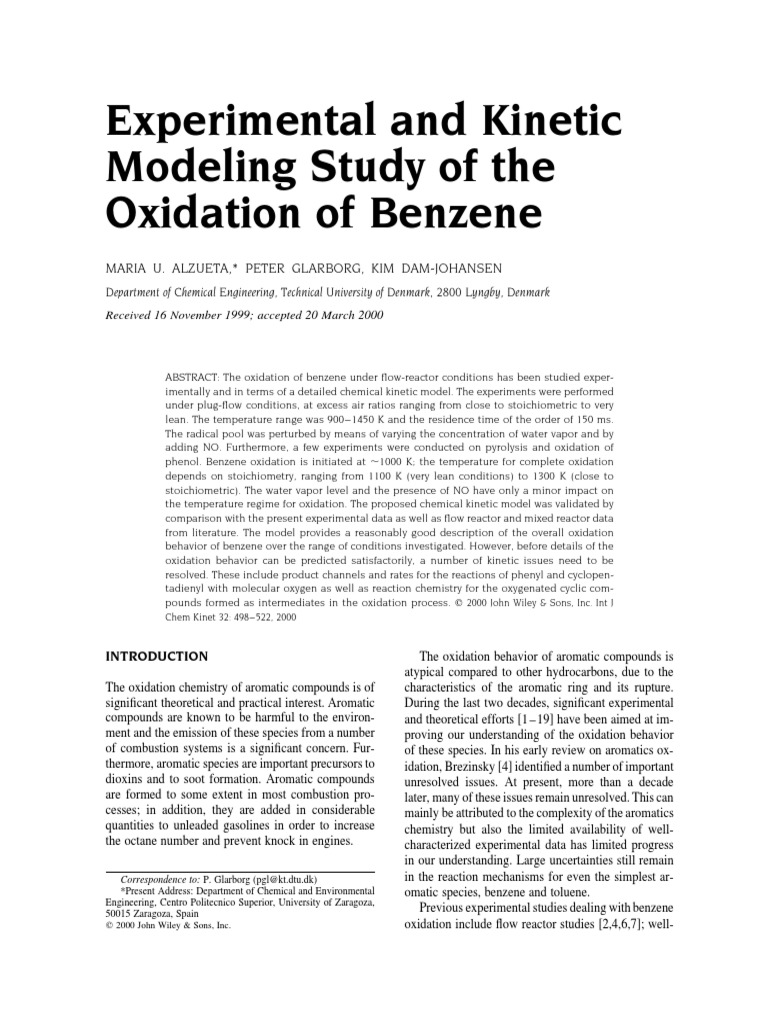 Experimental and Kinetic Modeling Study of The Oxidation of Benzene ...